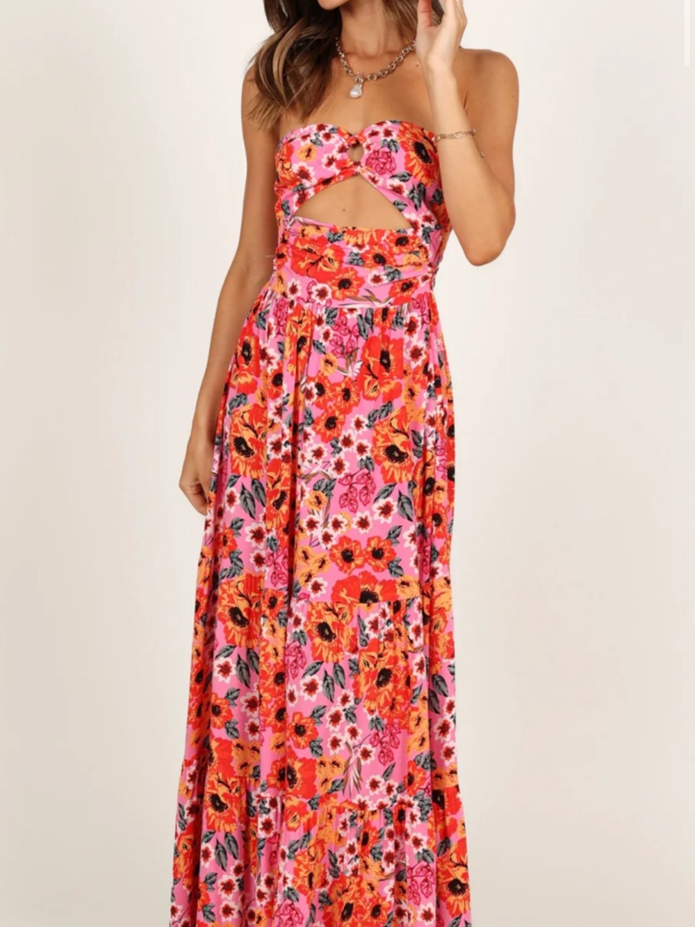 Floral Cutout Strapless Maxi Dress in Pink